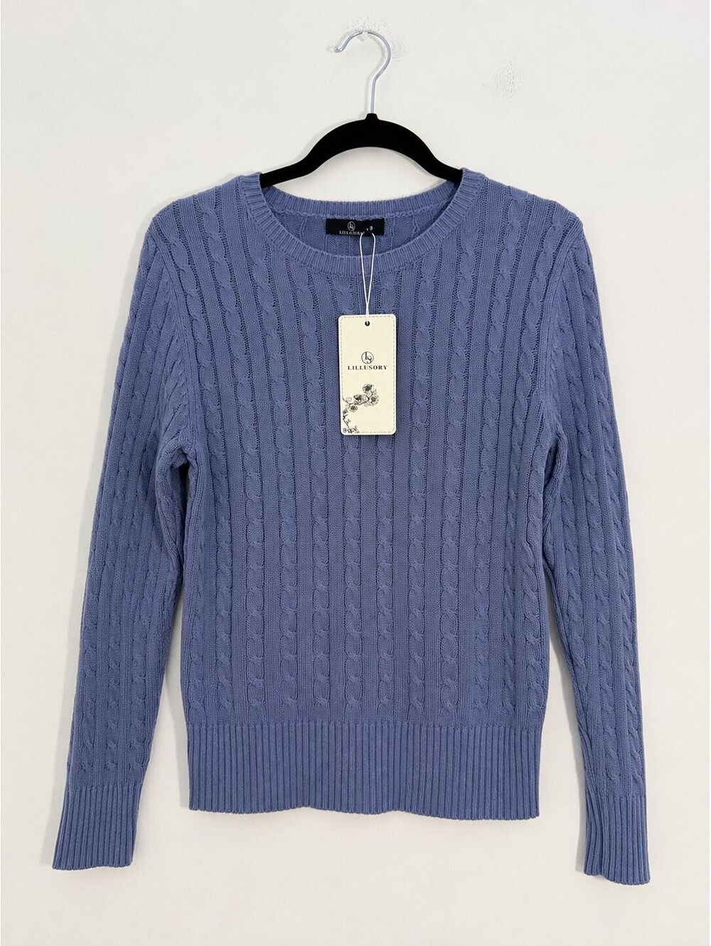 LILLUSORY Blue Cable Knit Crewneck Sweater Cotton Blend Size S NWT